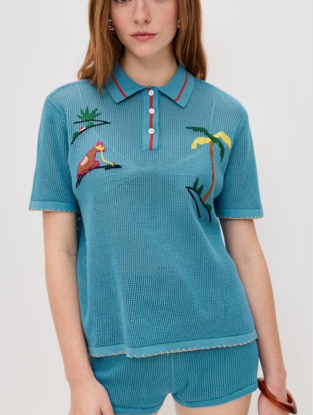 Staud Gitana Top Blue Tropical Knit Polo